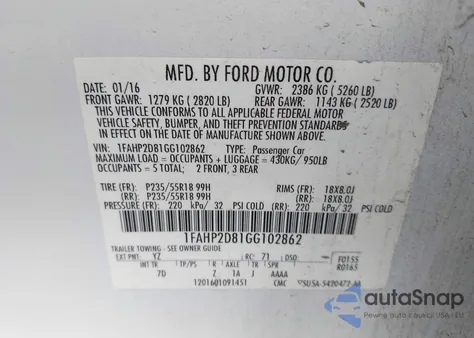 2016 Ford Taurus Se z USA, uszkodzony, nr VIN 1FAHP2D81GG102862